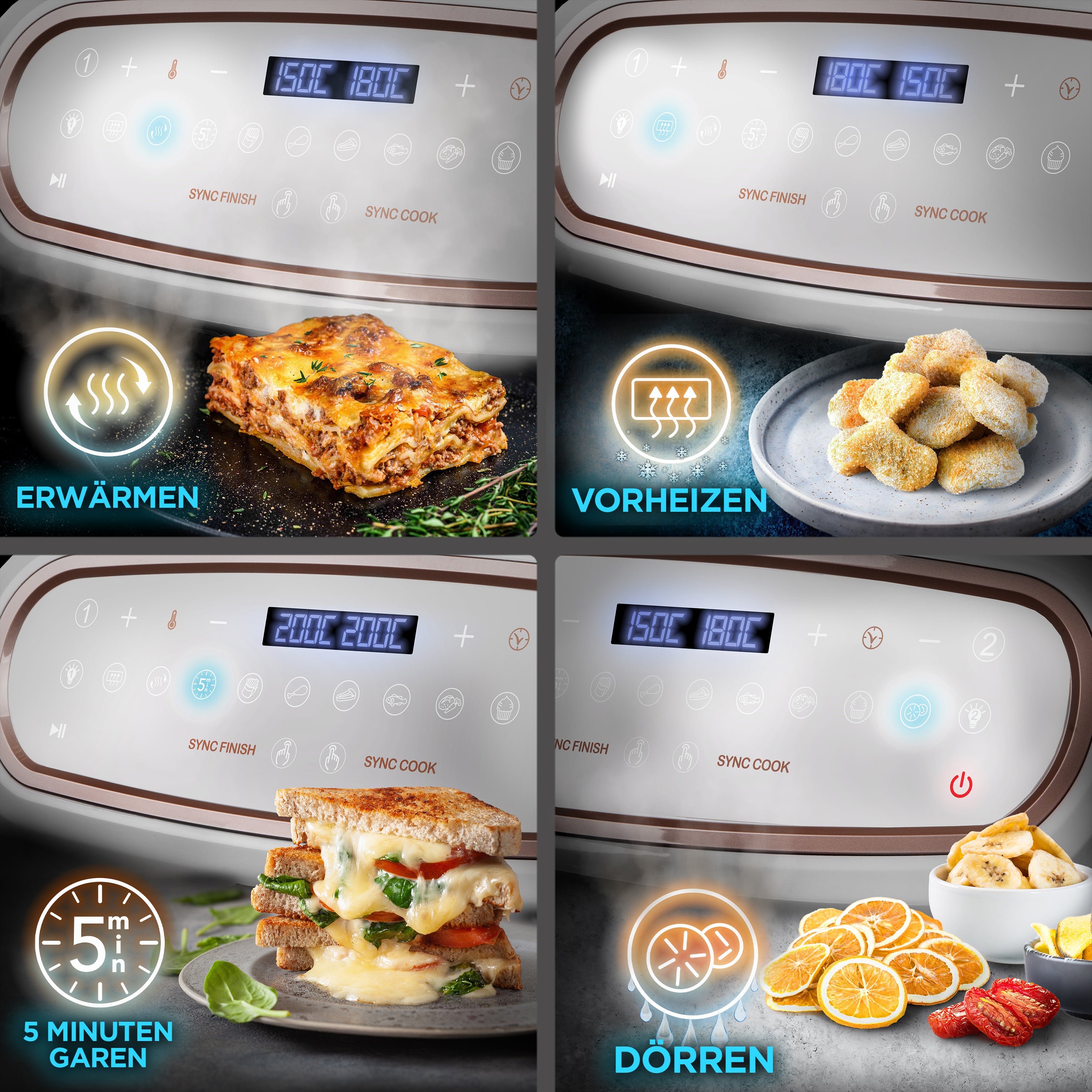 Duronic AF34 WE Heißluftfritteuse Funktionen Erwärmen Vorheizen Garen Dörren