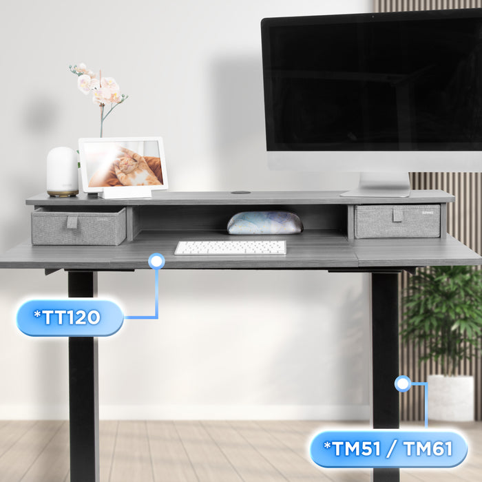 Duronic DD2 GY Schreibtischerhöhung für Monitore Anwendungsbeispiel mit TT120 Tischplatte und TM51 oder TM61 Tischgestell