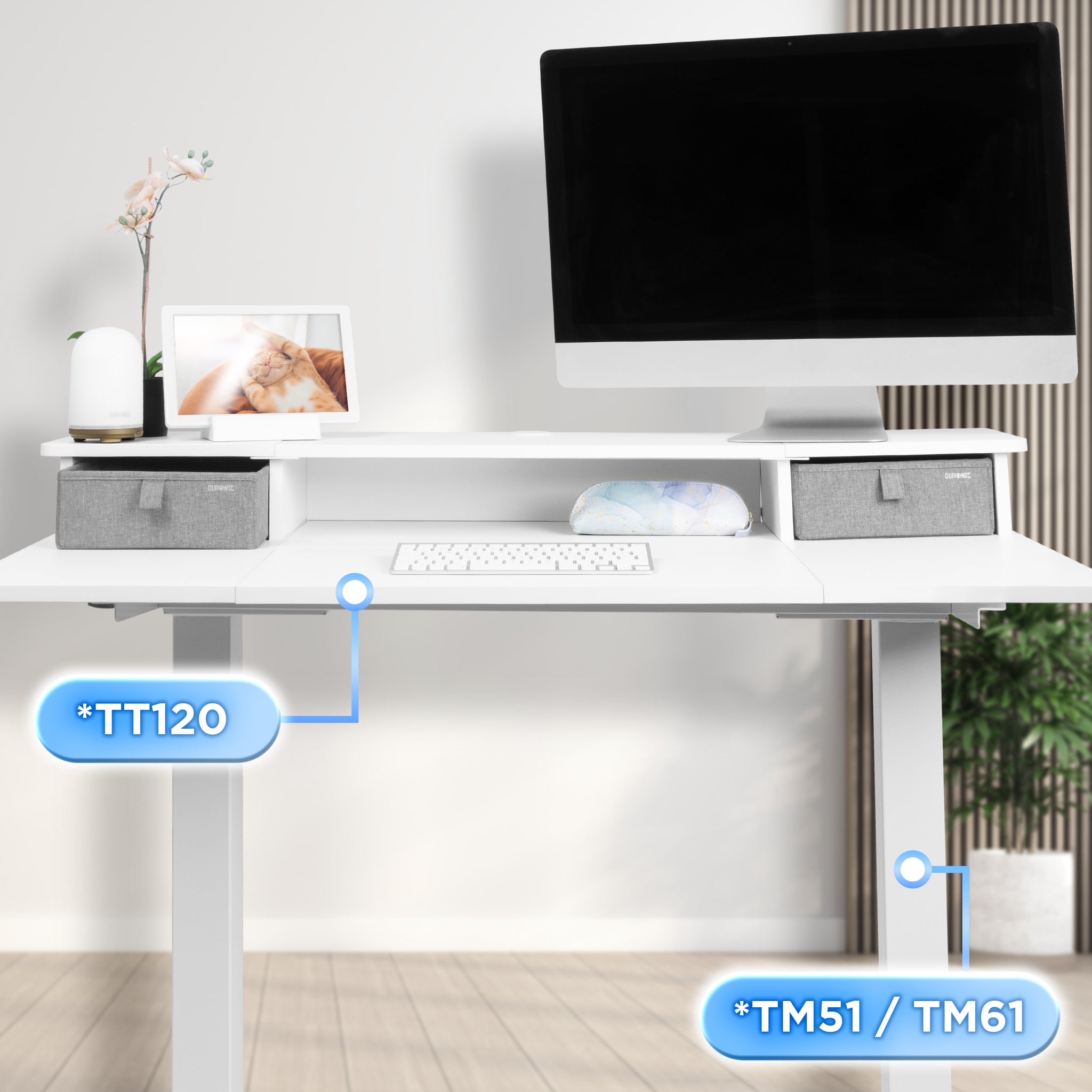 Duronic DD2 WE Schreibtischerhöhung für Monitore Anwendungsbeispiel mit TT120 Tischplatte und TM51 oder TM61 Tischgestell