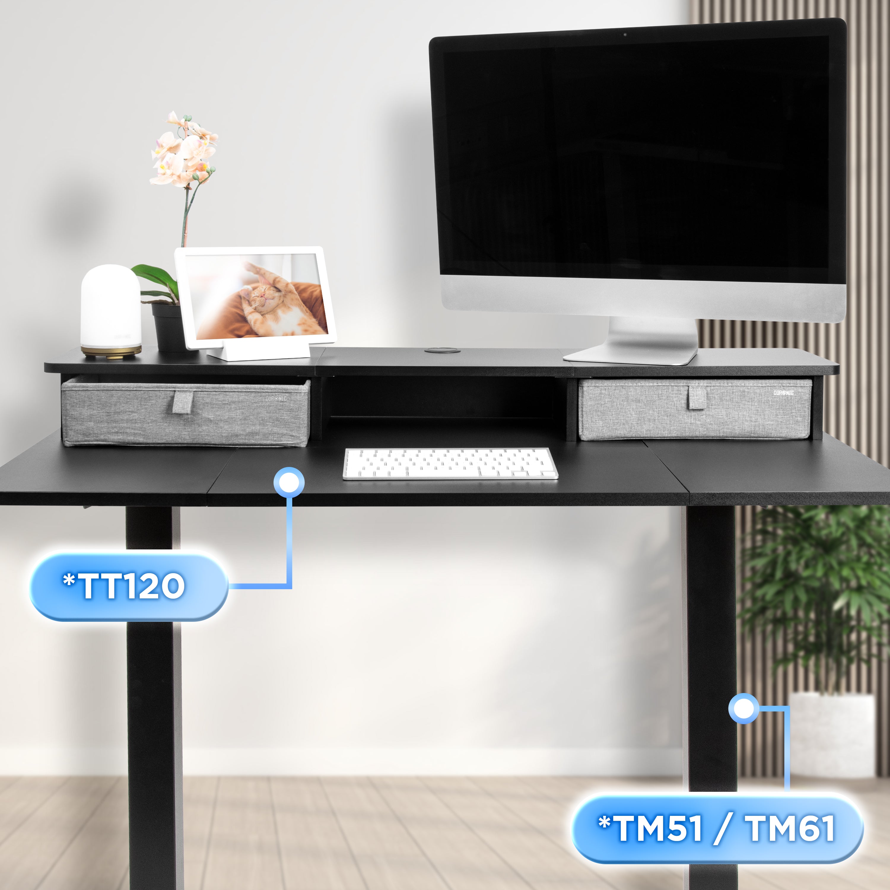 Duronic DD3 BK Schreibtischerhöhung für Monitore Anwendungsbeispiel mit TT120 Tischplatte und TM51 oder TM61 Tischgestell