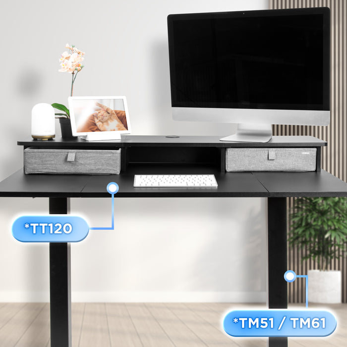 Duronic DD3 BK Schreibtischerhöhung für Monitore Anwendungsbeispiel mit TT120 Tischplatte und TM51 oder TM61 Tischgestell
