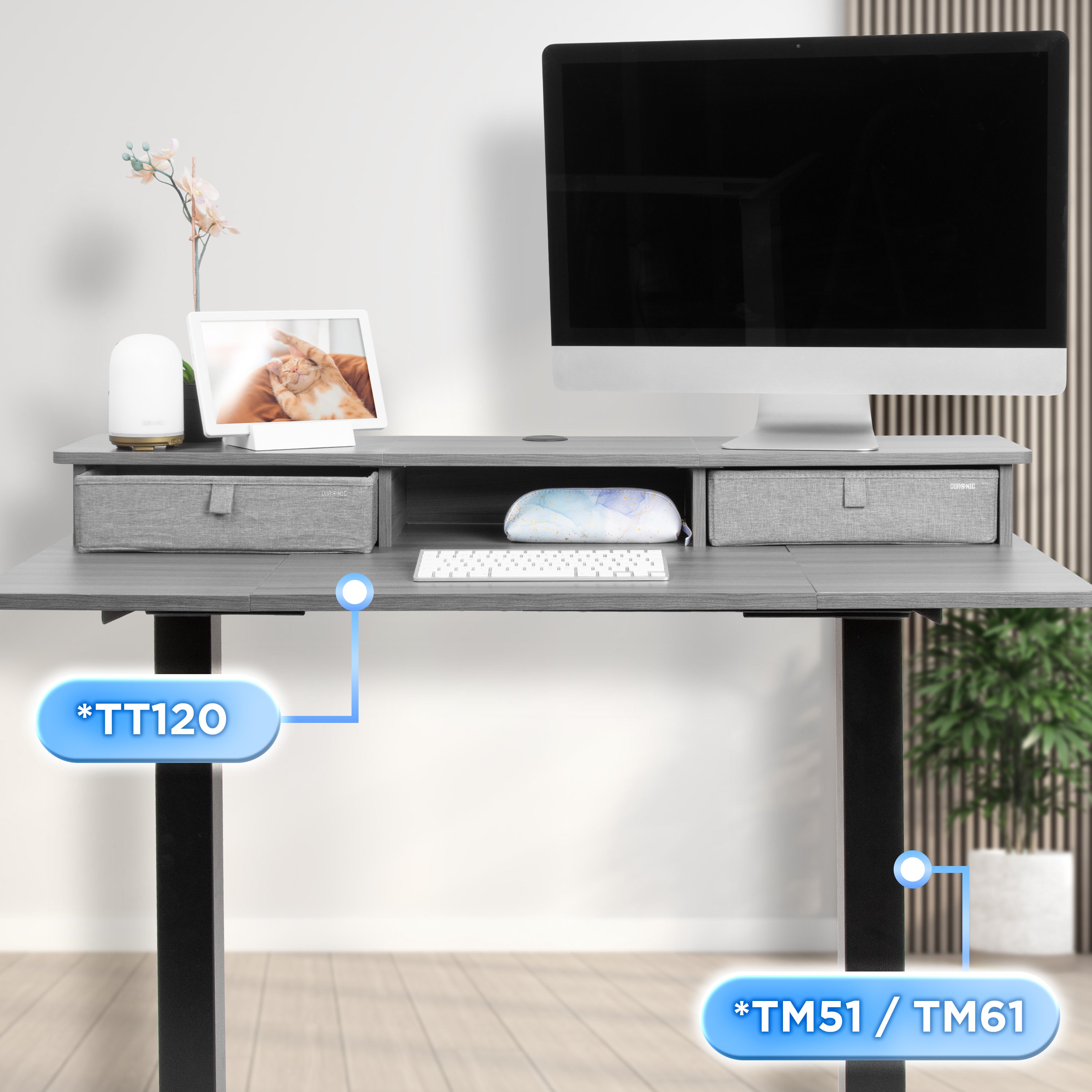 Duronic DD3 GY Schreibtischerhöhung für Monitore Anwendungsbeispiel mit TT120 Tischplatte und TM51 oder TM61 Tischgestell