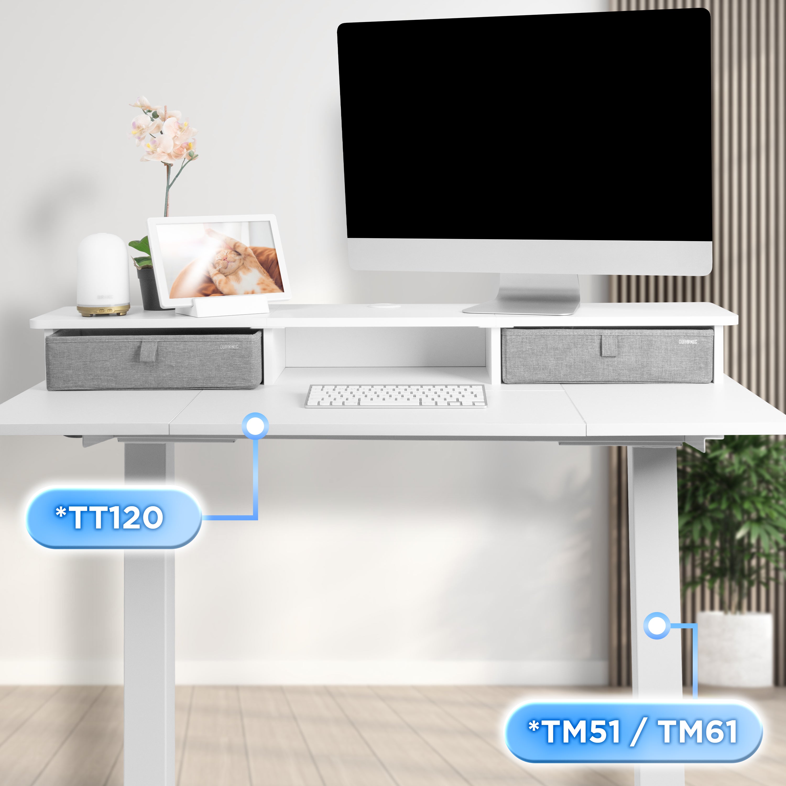 Duronic DD3 WE Schreibtischerhöhung für Monitore Anwendungsbeispiel mit TT120 Tischplatte und TM51 oder TM61 Tischgestell