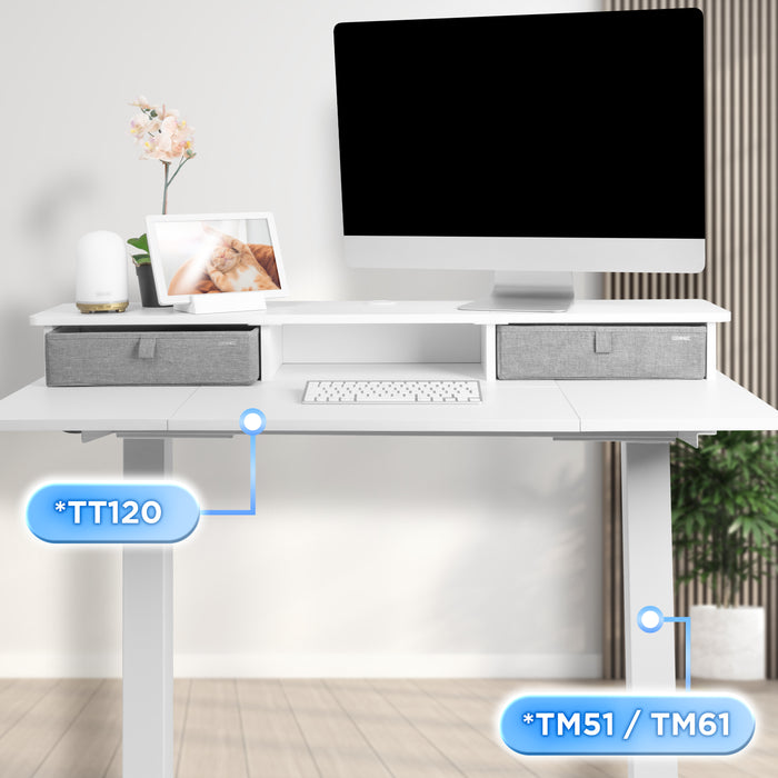 Duronic DD3 WE Schreibtischerhöhung für Monitore Anwendungsbeispiel mit TT120 Tischplatte und TM51 oder TM61 Tischgestell