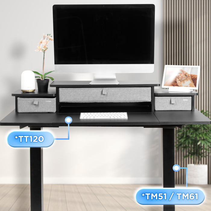 Duronic DD4 BK Schreibtischerhöhung für Monitore Anwendungsbeispiel mit TT120 Tischplatte und TM51 oder TM61 Tischgestell