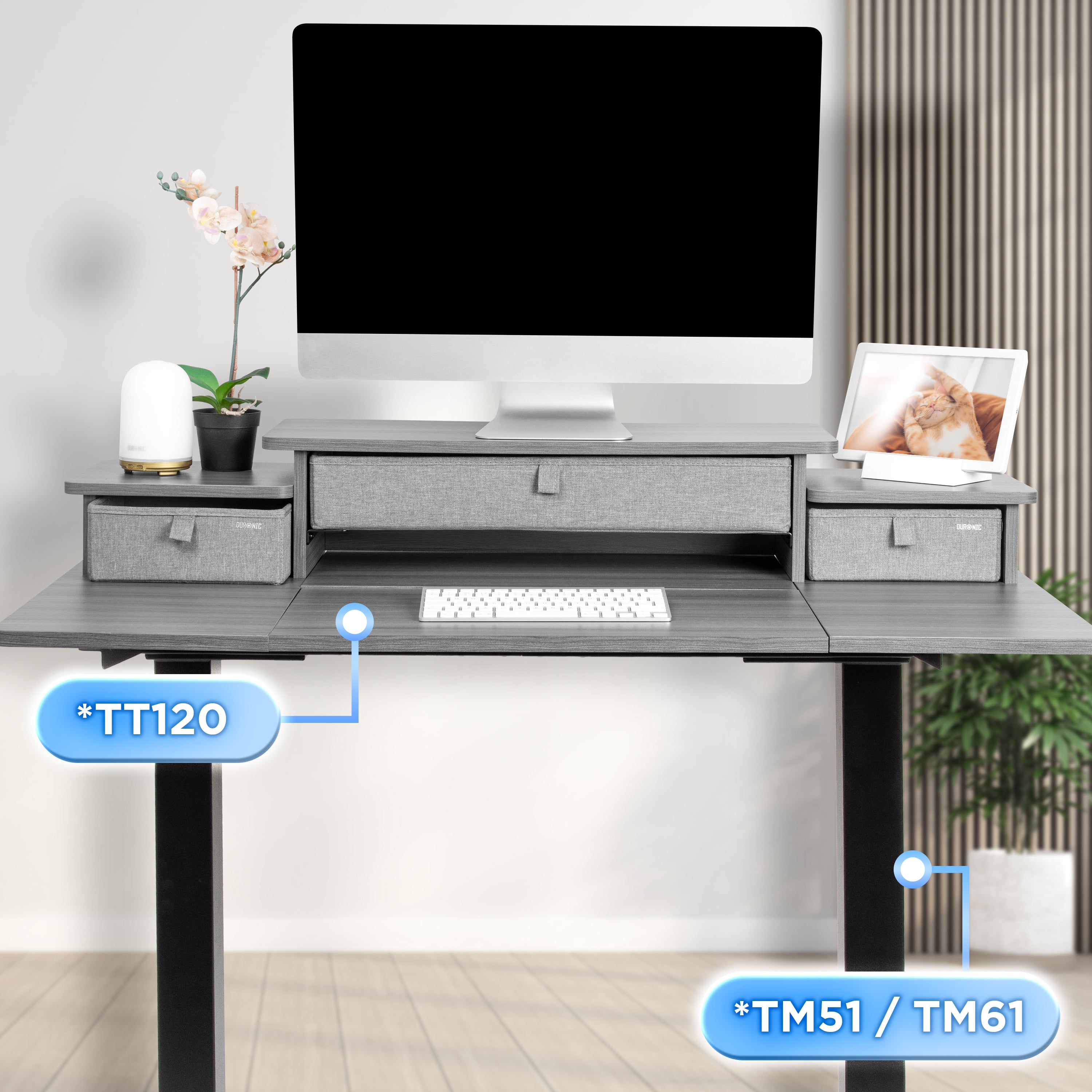 Duronic DD4 GY Schreibtischerhöhung für Monitore Anwendungsbeispiel mit TT120 Tischplatte und TM51 oder TM61 Tischgestell