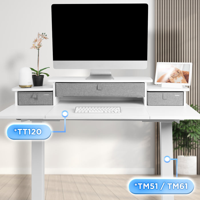 Duronic DD4 WE Schreibtischerhöhung für Monitore Anwendungsbeispiel mit TT120 Tischplatte und TM51 oder TM61 Tischgestell