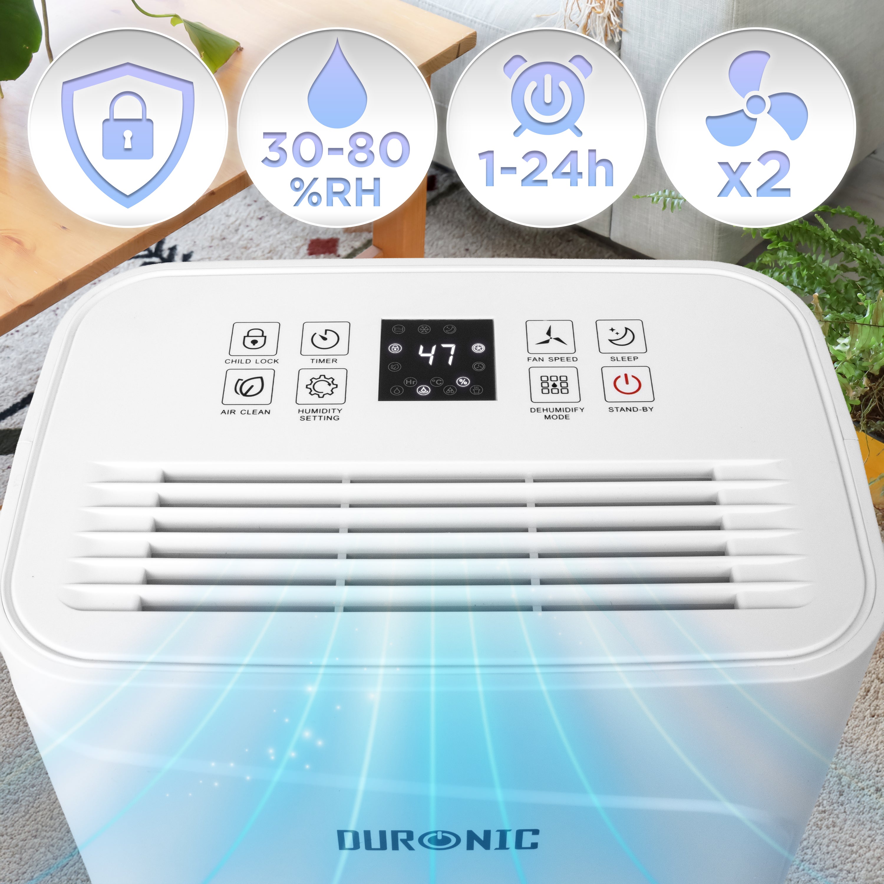 Duronic DH121 Luftentfeuchter Maße Geschwindigkeit Luftfeuchtigkeit Timer