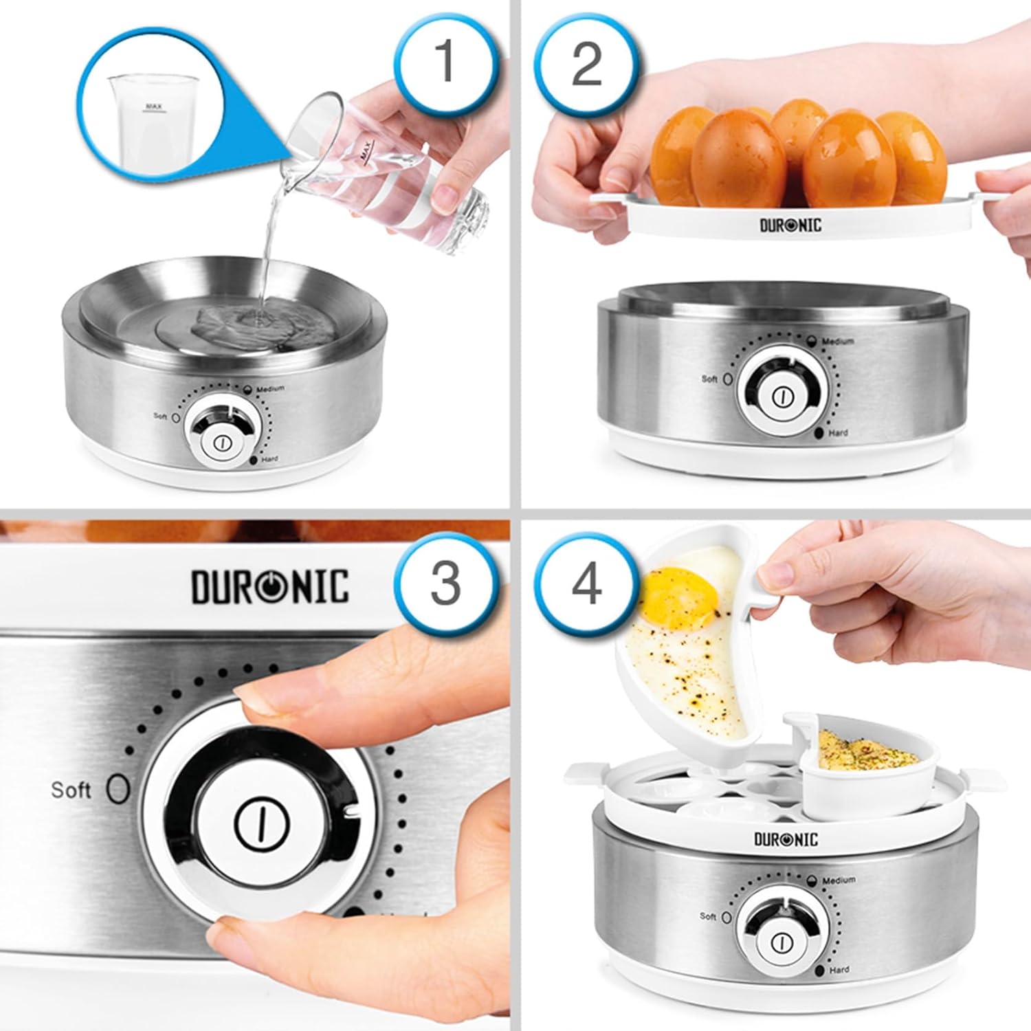 Duronic EB40 WE Eierkocher Anwendung gekochte Eier Omelette