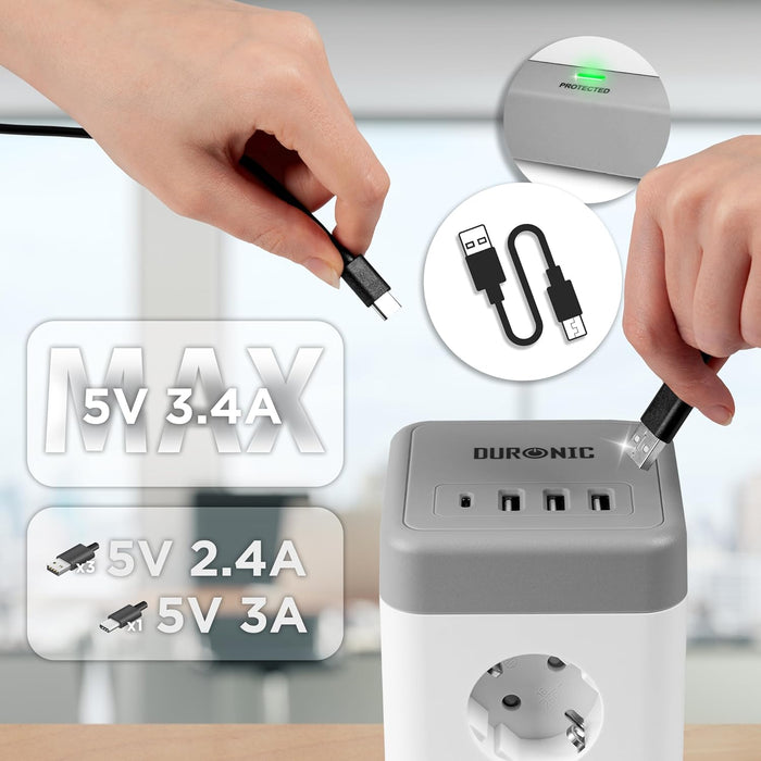 Duronic ET8C Steckdosenwürfel USB Leistung USB C Anschluss 3 USB A Anschlüsse