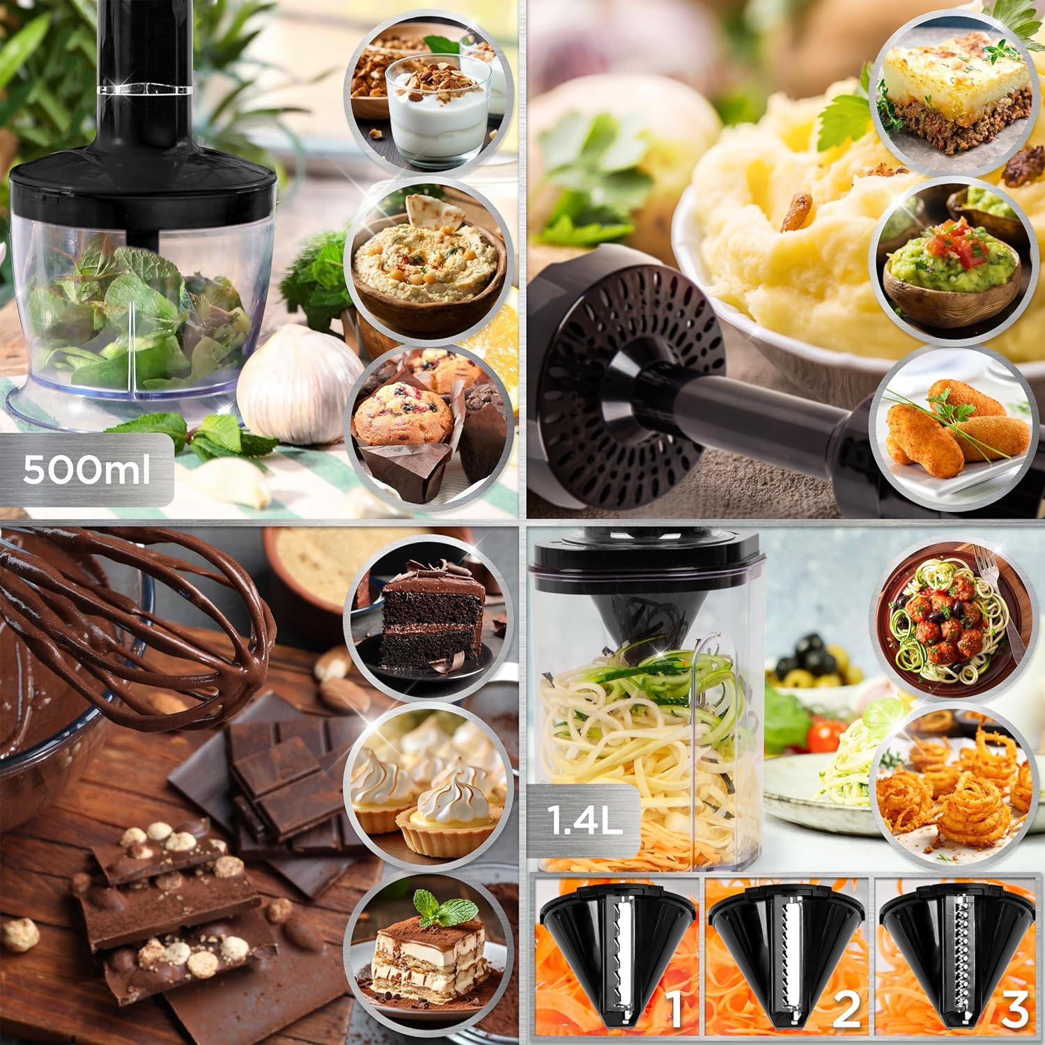Duronic HB35 Handmixer Pürierstab Set Zubehör Hecksler Zerkleinerer Pürieraufsatz Schneebesen Slicer und Reiben