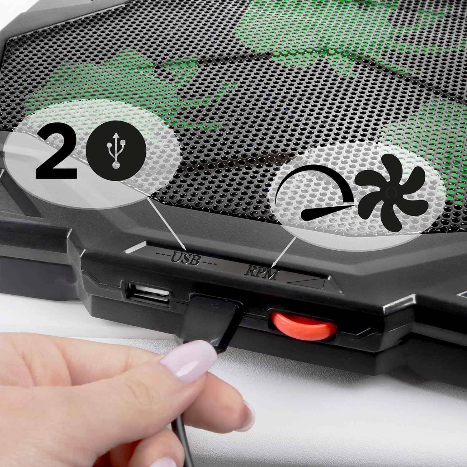 Duronic LC1 Laptopkühler Hinterseite mit 2 USB Anschlüssen und einer Lüftergeschwindigkeitskontrolle