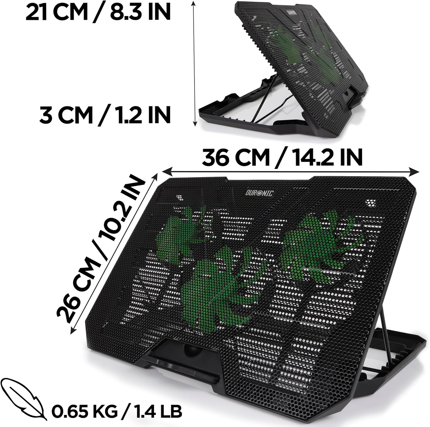 Duronic LC3 Laptopkühler Maße leichtes Gewicht 650g höhenverstellbar