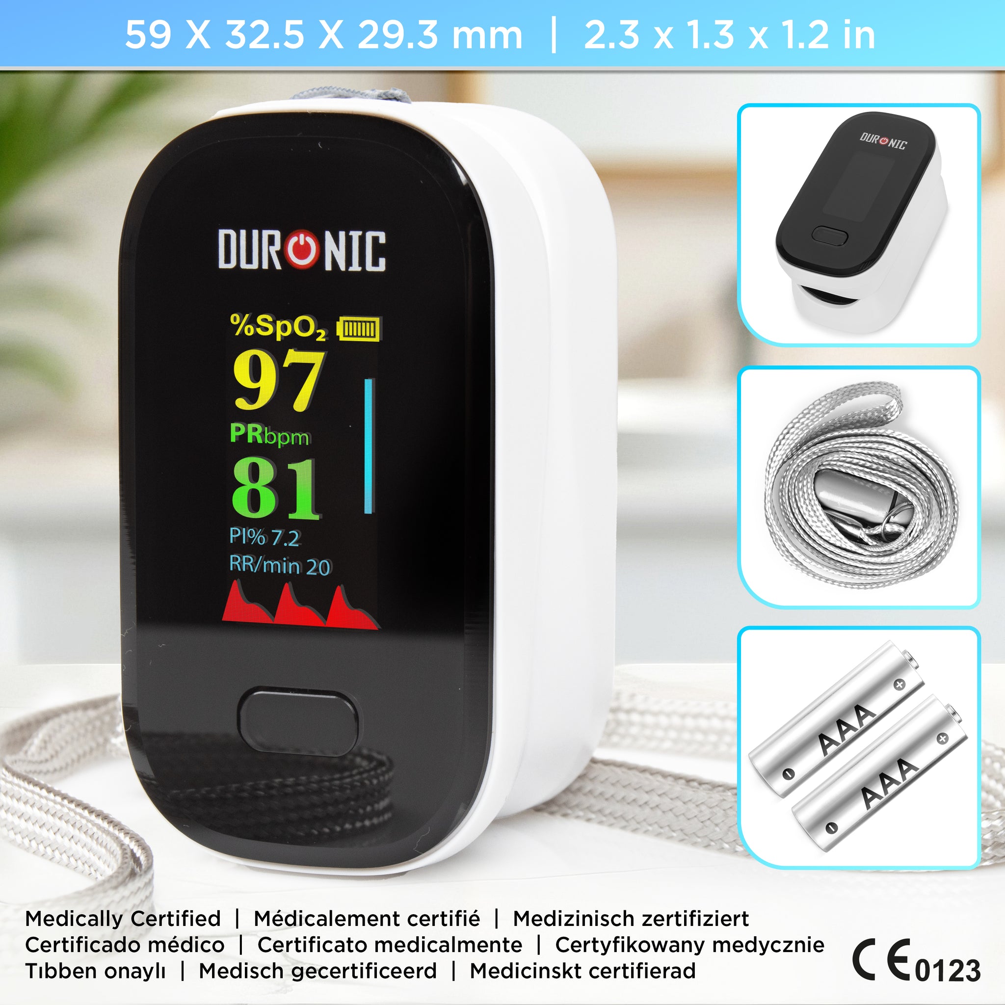 Duronic OX02 Pulsoximeter Maße Zubehör Medizinisch zertifiziert 
