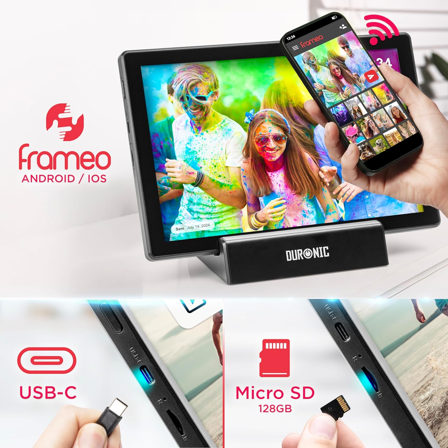 Duronic PF1D BK digitaler Bilderrahmen Frameo App für Smartphones USB C Anschluss Micro SD Speicherkarte