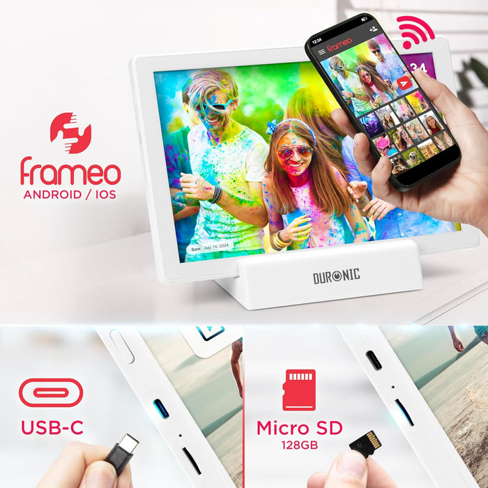Duronic PF1D WE digitaler Bilderrahmen Frameo App für Smartphones USB C Anschluss Micro SD Speicherkarte