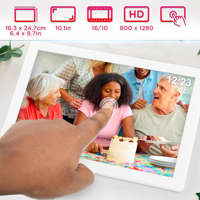Duronic PF1D WE digitaler Bilderrahmen Frontansicht Touchdisplay HD Auflösung Mildformat Displaygröße Maße