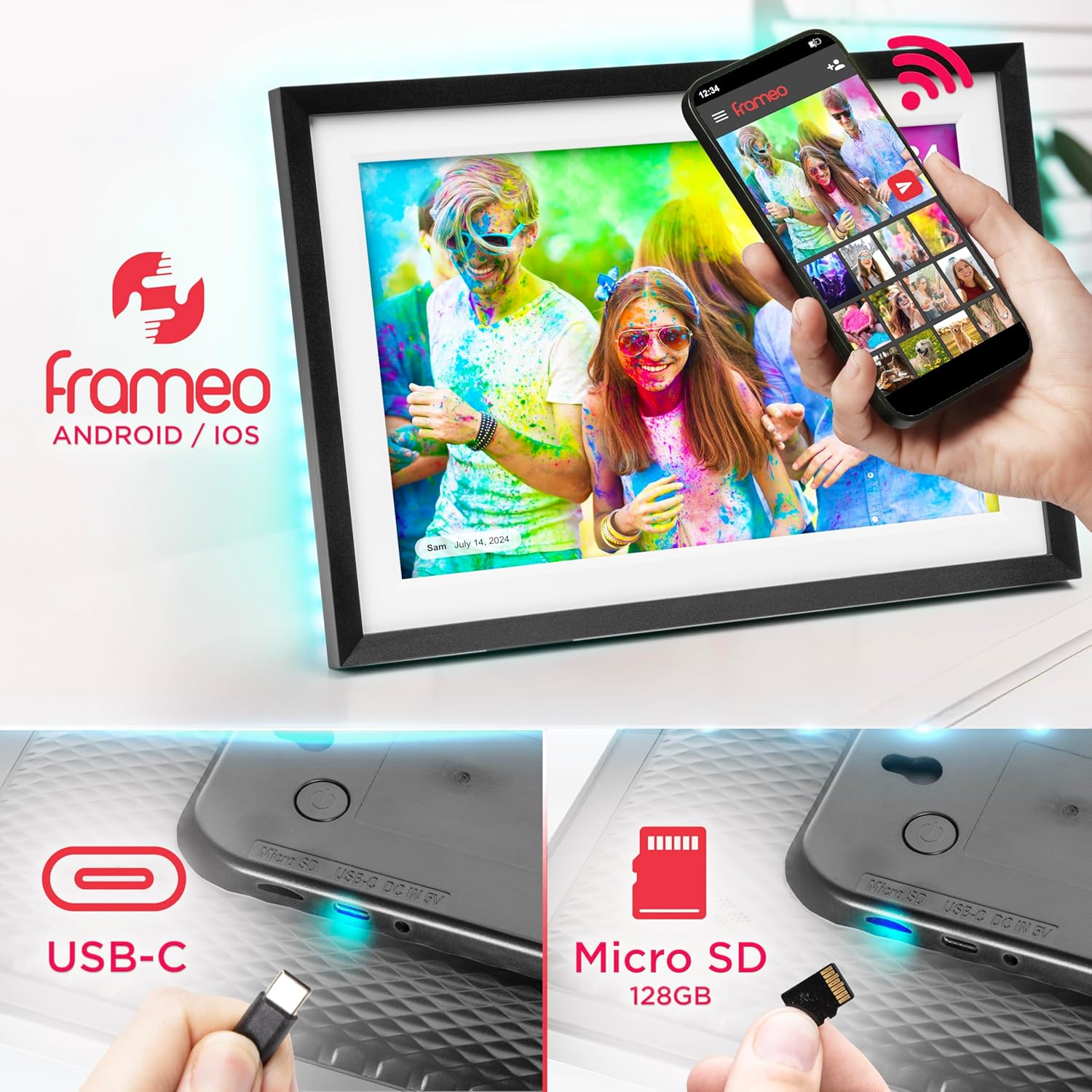 Duronic PF2A BK digitaler Bilderrahmen Frameo App für Smartphones USB C Anschluss Micro SD Speicherkarte