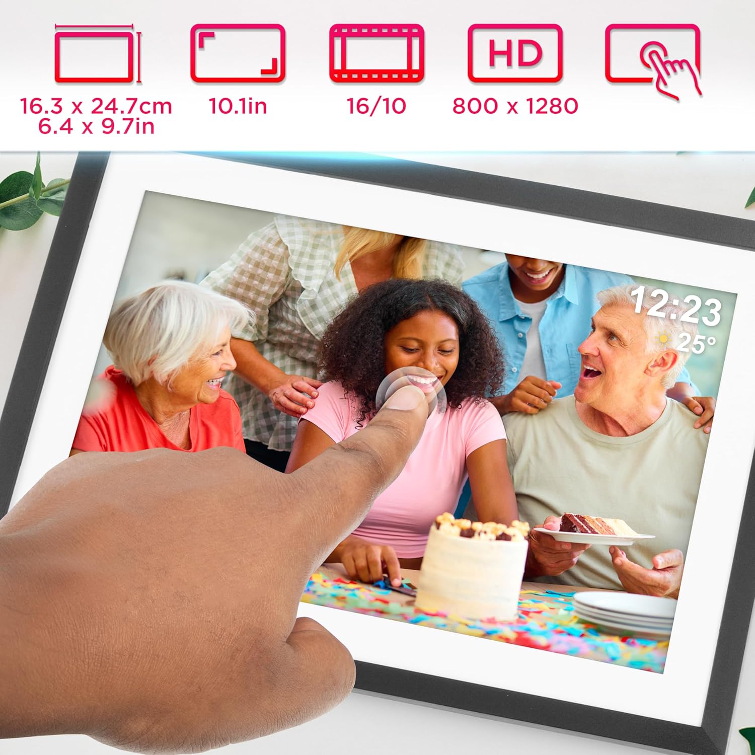 Duronic PF2A BK digitaler Bilderrahmen Frontansicht Touchdisplay HD Auflösung Mildformat Displaygröße Maße