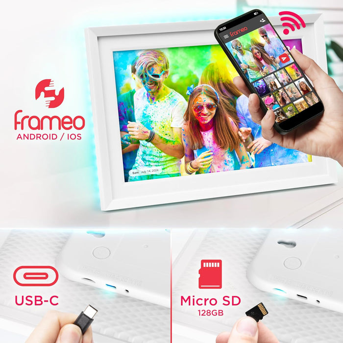 Duronic PF2A WE digitaler Bilderrahmen Frameo App für Smartphones USB C Anschluss Micro SD Speicherkarte