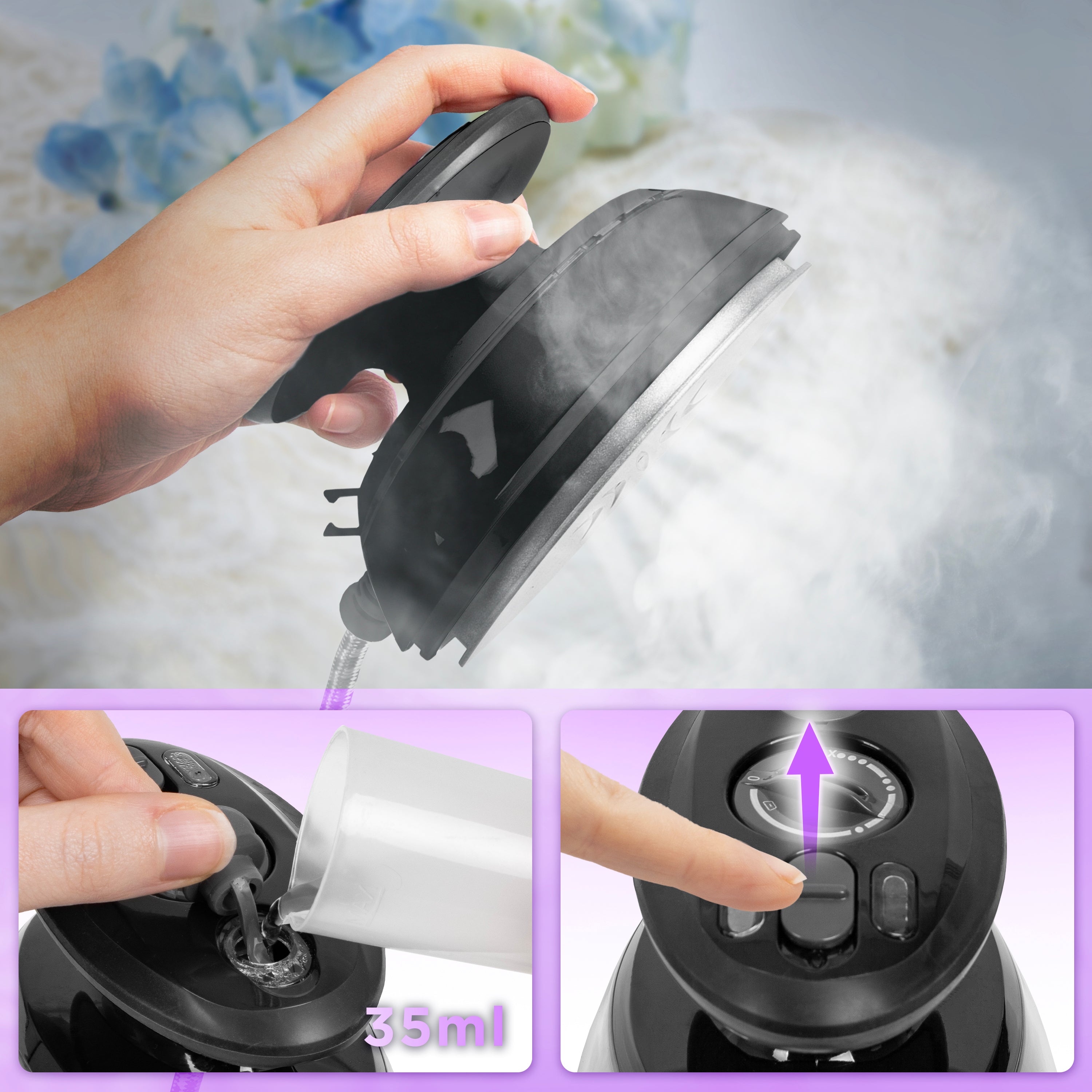Duronic SI3 BK Reisebügeleisen Dampffunktion Wassertank Kapazität 35ml