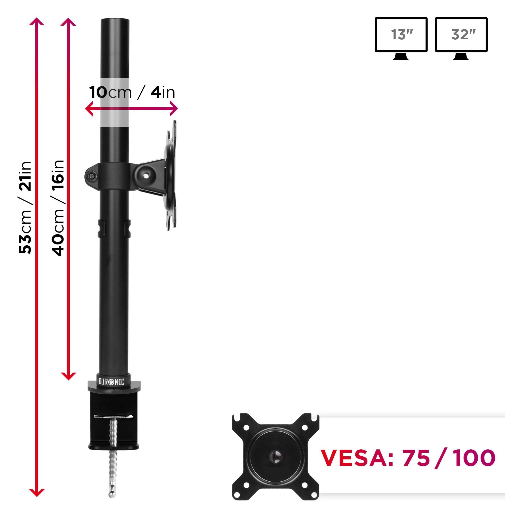 Duronic DM151X1 Monitor-Halterung 1 Monitor für 13-27 Zoll Flach & Curved Bildschirm-Halterung 8kg, Monitor Tischhalterung Höhenverstellbar Neigbar Schwenkbar Drehbar, Vesa halterung, Monitor-Arm