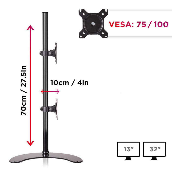 Duronic DM15D2V2 Monitorhalterung - Montiorständer mit Standfuß für 2 32" Displays - VESA 75/100 - Belastbarkeit 8 kg - Höhenverstellbar - Neigbar -15° bis +15° - Drehbar 360° - Vertikale Ausrichtung