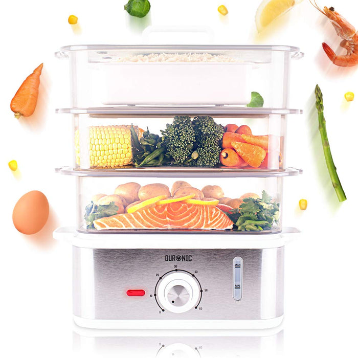 Duronic FS87 Dampfgarer 870 W | 3 Dampfgarbehälter BPA-frei | Wasserstandsanzeige | Reisschale | 10,6 L Kapazität | Timer | Ideal für Gemüse, Reis, Fisch und mehr ohne Fett