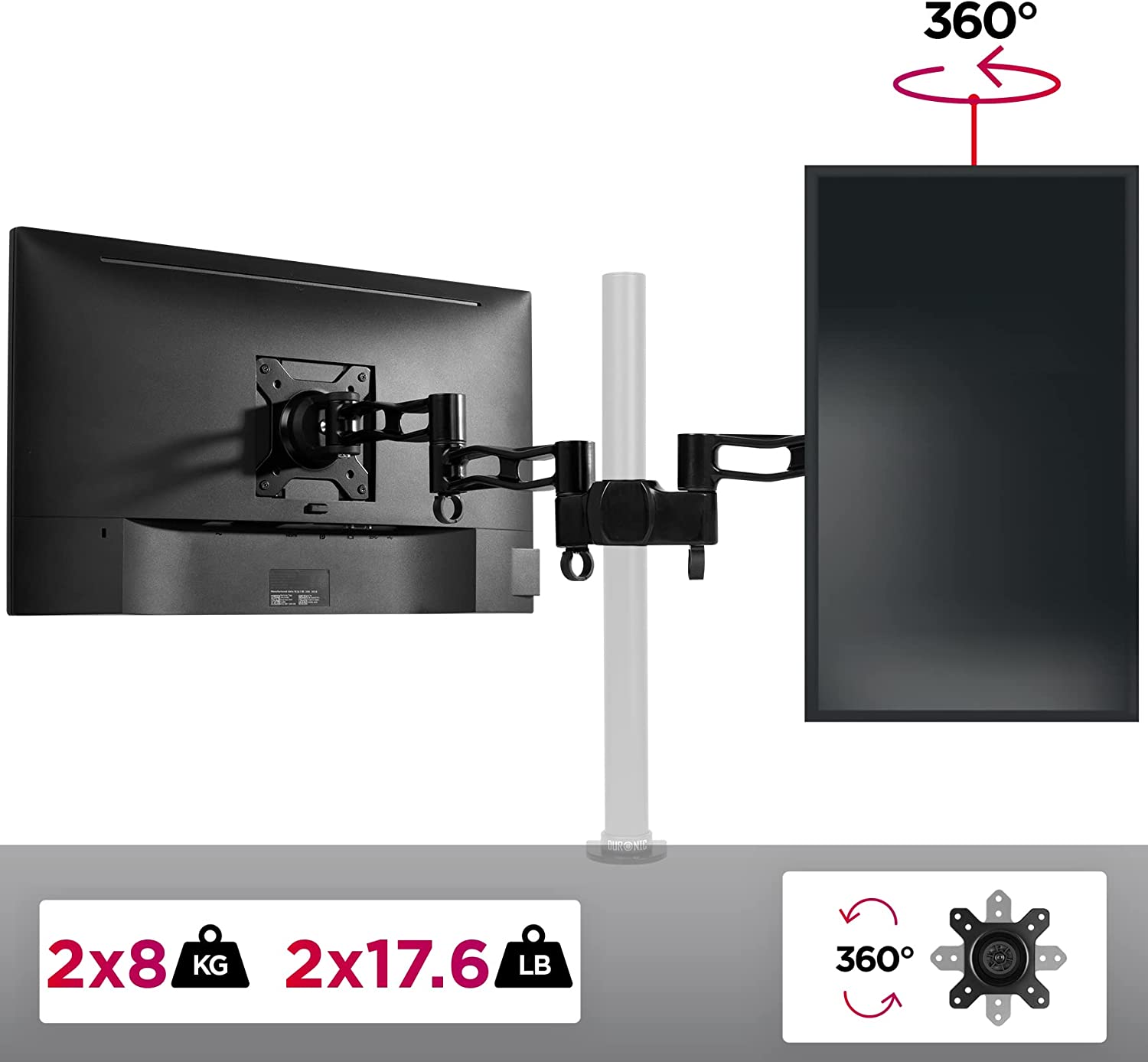 Duronic DM35P2 Monitorarme | 2 Monitorhalterungen für Monitorständer | Aluminium | VESA 75/100 | Zusatzarme für DM35-Serie | Einzelteil für alle Duronic Stangen | Monitorhalter für 2 Displays