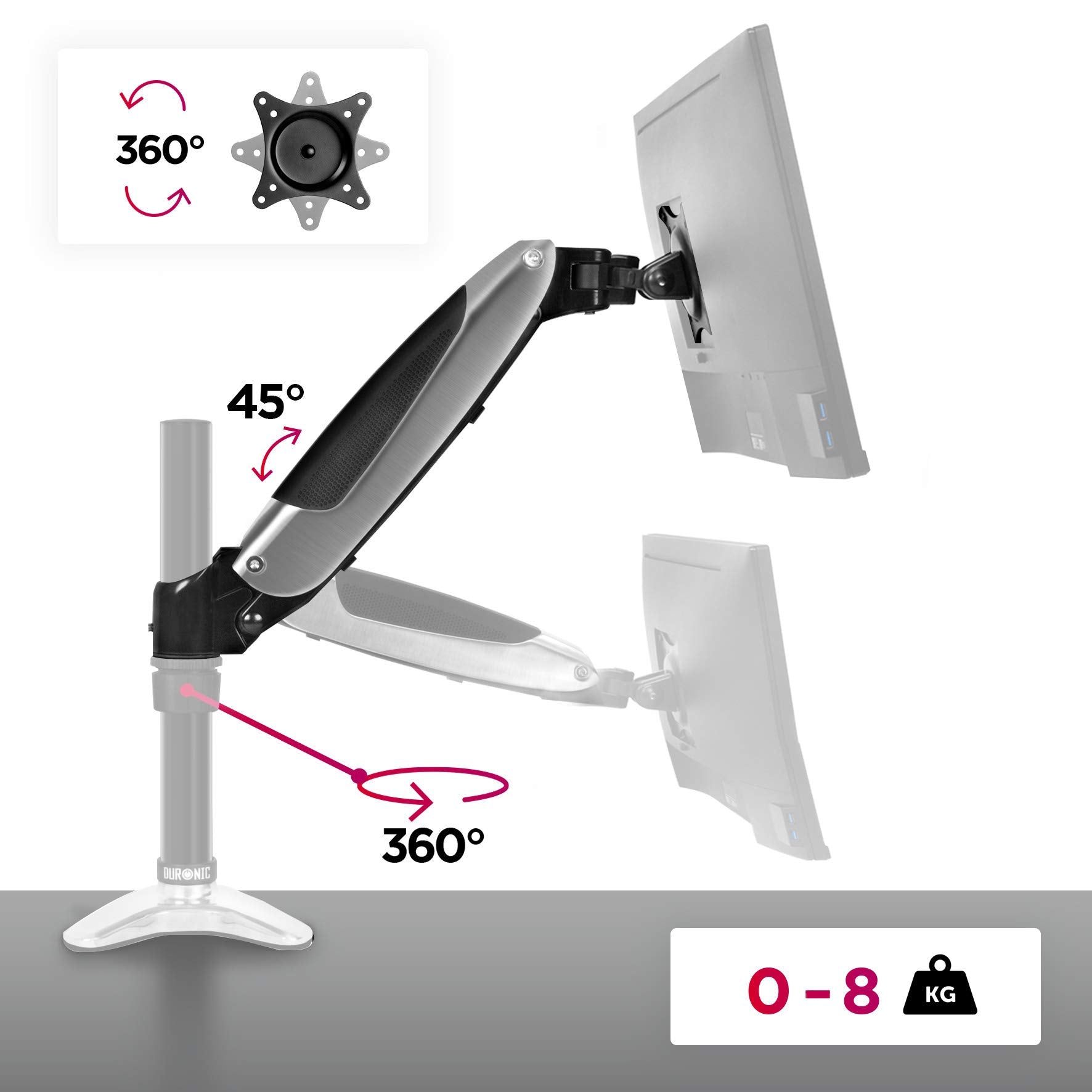 Duronic DML6S1 Kompletter Monitorarm | kompatibel mit DM65 Monitorhalterungen | Tischhalterungen | Vertikale On-The-Fly-Einstellung | Ermöglicht das Hinzufügen von Bildschirm oder Zubehör