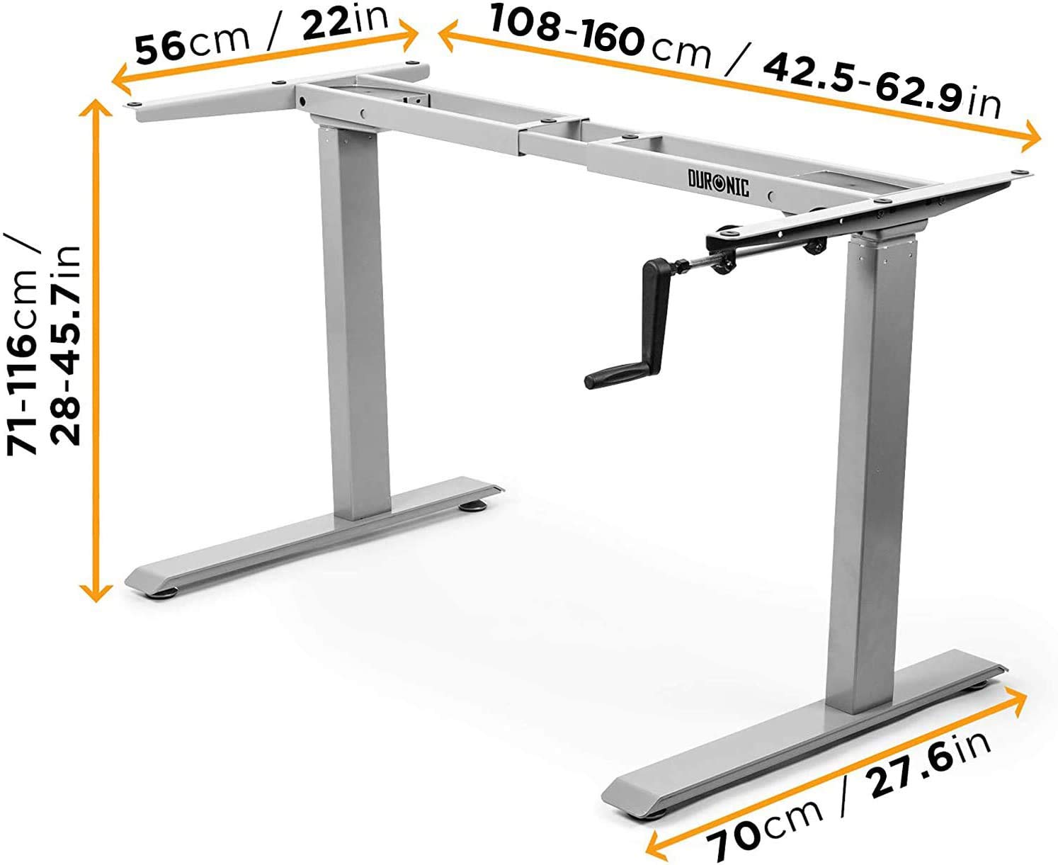 Duronic TM00 GY Schreibtisch Tischgestell | Manuell höhenverstellbar bis 116 cm | Gestell für Tischplatten bis 160 cm | Tischbein stufenlos einstellbar mit Handkurbel | Computertisch Home Office