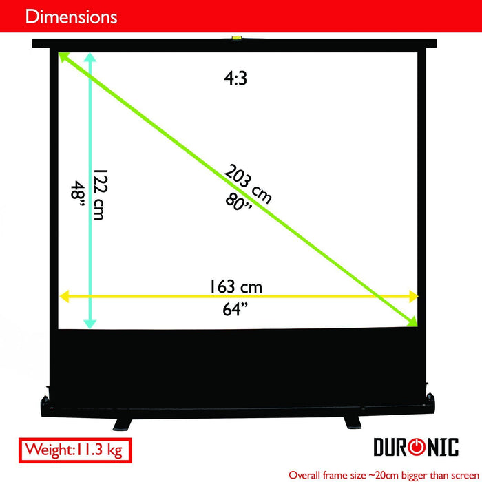 Duronic FPS80 Leinwand | 80 Zoll mobile Kofferleinwand mit 163 cm x 122 cm | 4:3 Heimkino mit 4K Full HD 3D | Projektionsleinwand für Beamer | Gain 1.0 | Beamerleinwand für Büro und Präsentationen