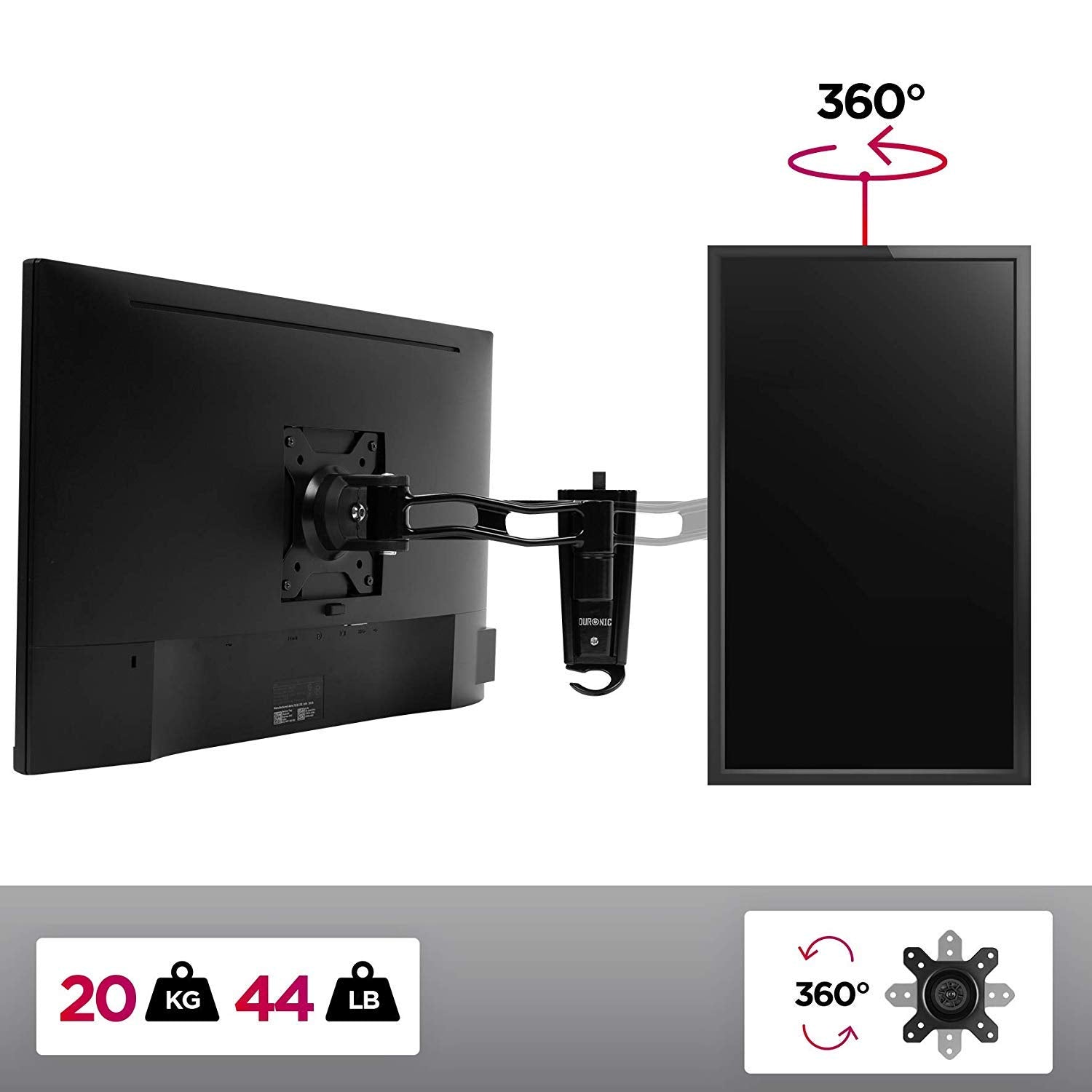 Duronic DM35W1X2 Monitor Wandhalterung | Monitorarm für Wandmontage | LCD, LED Bildschirm und TV bis 20 kg | VESA 75/100 | 15° Neigung | 180° Schwenkbar | 360° Drehbar | Display Halter für Home Office