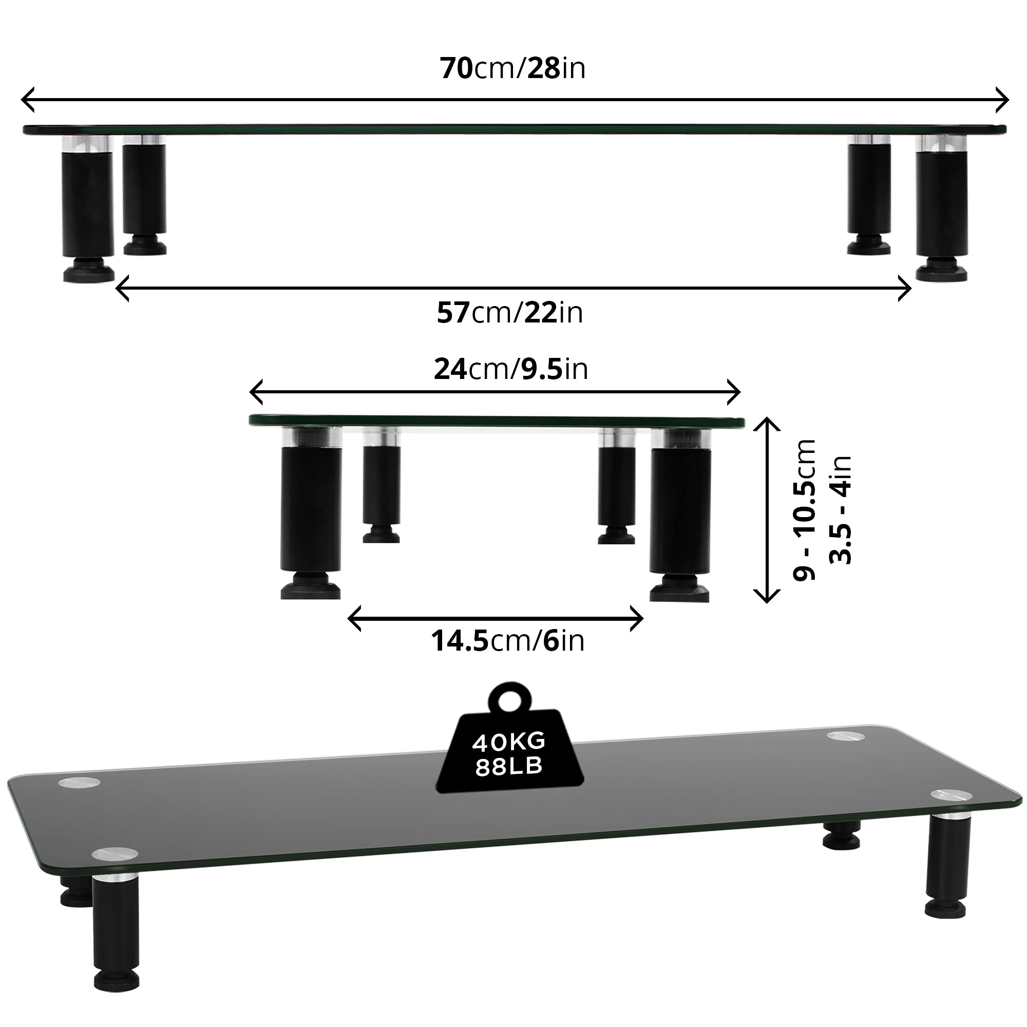 Duronic DM052-4 Monitorständer | 70 x 24 cm schwarze Glasplatte | Bis 20 kg | Ergonomischer Bildschirmständer Schreibtisch | Schreibtischaufsatz Monitor und Laptop | Bildschirmerhöhung LCD LED OLED TV