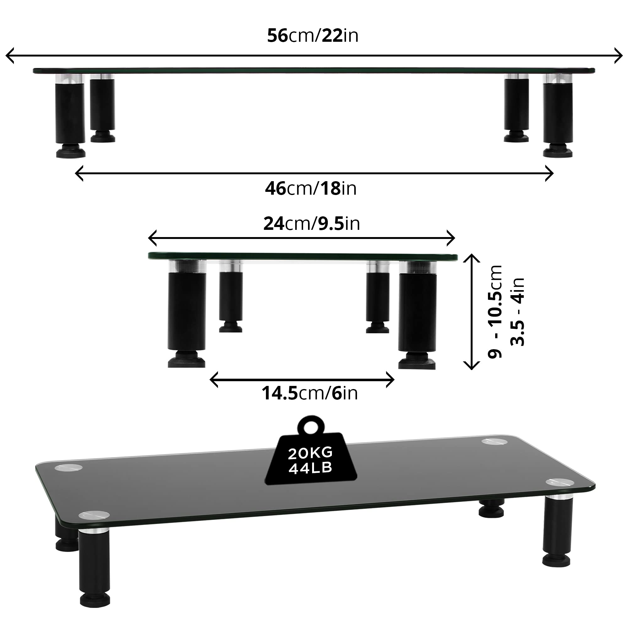 Duronic DM052-2 Monitorständer | 56 x 24 cm schwarze Glasplatte | Bis 20 kg | Ergonomischer Bildschirmständer Schreibtisch | Schreibtischaufsatz Monitor und Laptop | Bildschirmerhöhung LCD LED OLED TV