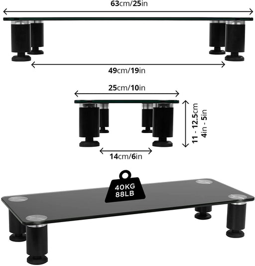 Duronic DM051 Monitorständer | 63 x 25 cm Schwarze Glasplatte | Bis 40 kg | Ergonomischer Bildschirmständer Schreibtisch | Schreibtischaufsatz Monitor und Laptop | Bildschirmerhöhung LCD LED OLED TV