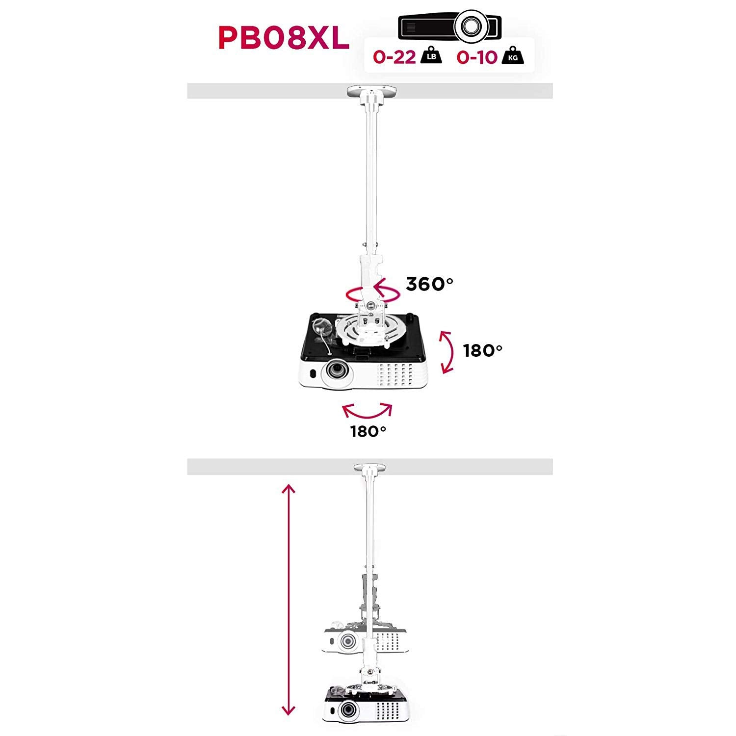 Duronic PB08XL Beamer Halterung | Projektor Deckenhalterung | Universal Wandhalterung | Halterung für Video-Projektor | drehbar und schwenkbar | Heimkino | Traglast bis zu 13,6 kg | 360° Rotation