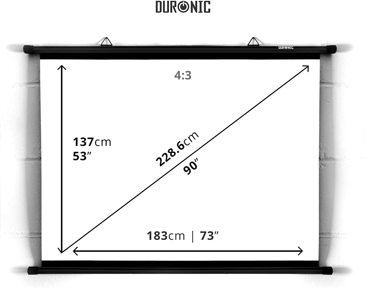 Duronic BPS90 4:3 Projektor-Leinwand, Beamer-Leinwand 90 Zoll, Heimkino mit 4K Full HD 3D, Rollo-Leinwand 1.0 Gain, Projektorleinwand für Wandmontage, Filmnacht, Videoleinwand für Büro Schulen