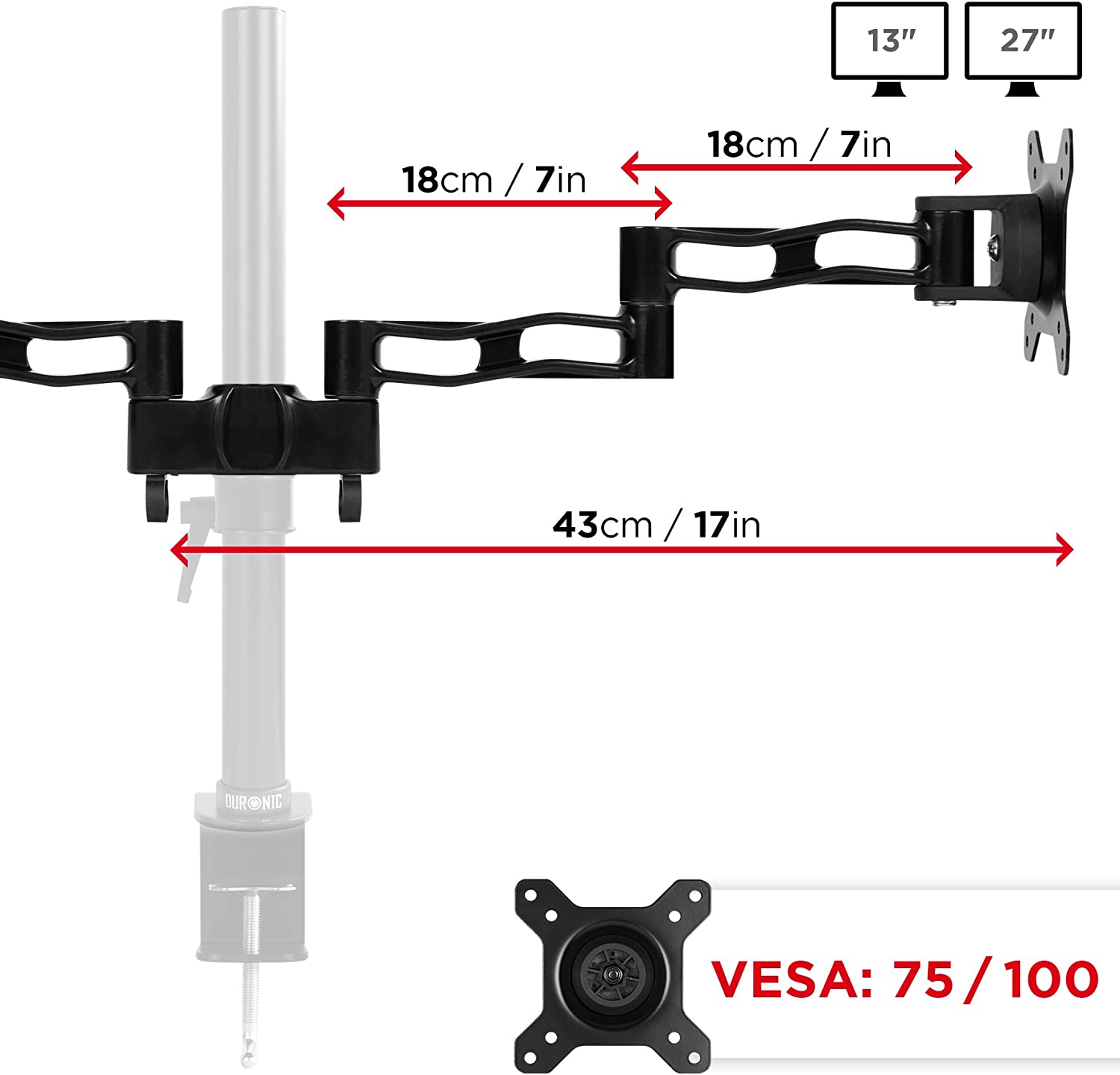 Duronic DM35P2 Monitorarme | 2 Monitorhalterungen für Monitorständer | Aluminium | VESA 75/100 | Zusatzarme für DM35-Serie | Einzelteil für alle Duronic Stangen | Monitorhalter für 2 Displays