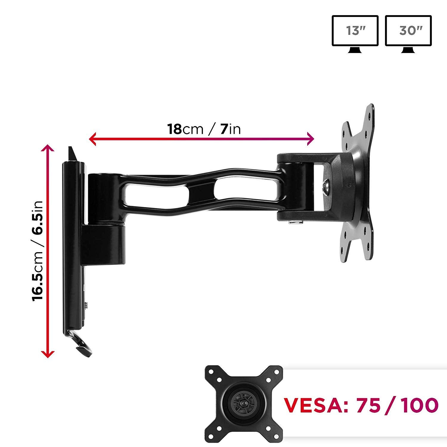 Duronic DM35W1X2 Monitor Wandhalterung | Monitorarm für Wandmontage | LCD, LED Bildschirm und TV bis 20 kg | VESA 75/100 | 15° Neigung | 180° Schwenkbar | 360° Drehbar | Display Halter für Home Office