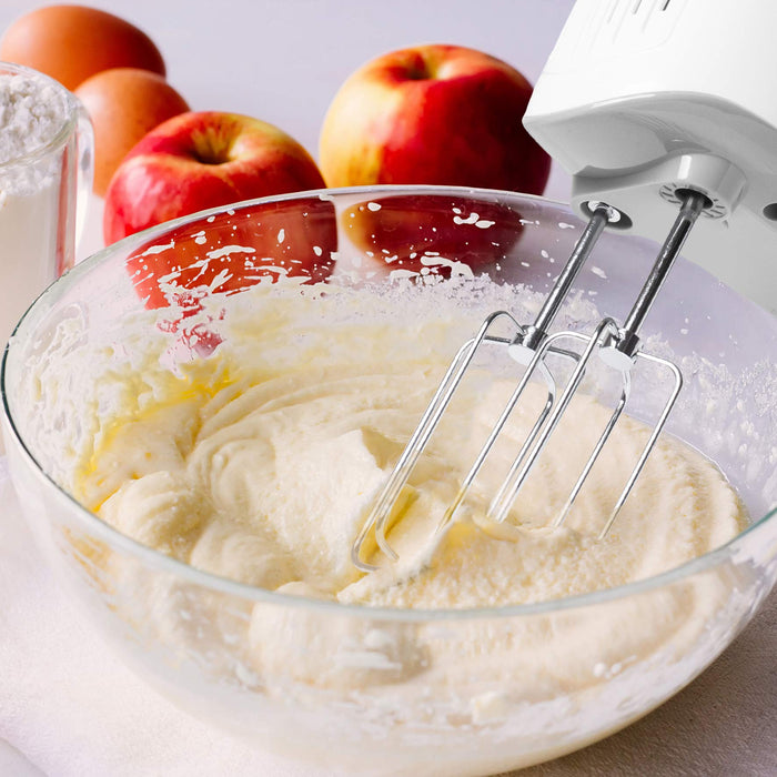 Duronic HM4 /W Handmixer / Mixer / Handrührgerät / Handrührer mit Turbofunktion, Edelstahl Rührbesen, Knethaken und Schneebesen und Aufbewahrungsbox,—