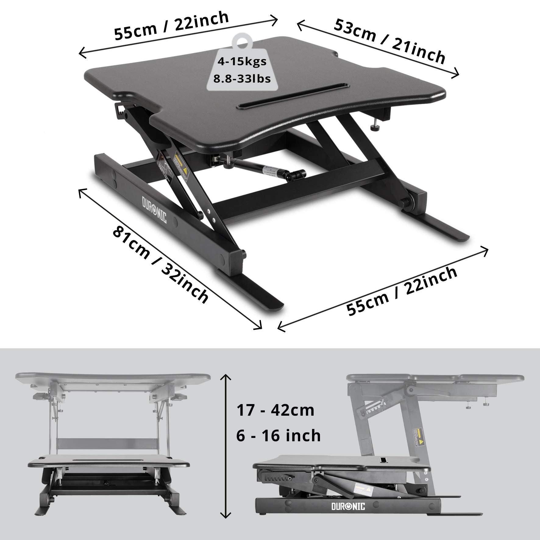 Duronic DM05D18 Schreibtischaufsatz | Workstation 55 x 53 cm mit Tastaturablage | Computertisch höhenverstellbar 17 - 42 cm | Stehpult für PC, Laptop und Smartphone | Sitz-Steh Schreibtisch bis 15 kg