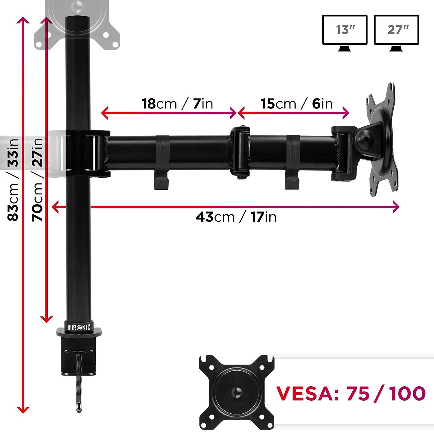 Duronic DM253 Monitor-Halterung 3 Monitore für 13-27 Zoll Flach & Curved Bildschirm-Halterung 8kg, Monitor Tischhalterung Höhenverstellbar Neigbar Schwenkbar Drehbar, Vesa halterung, Monitor-Arm