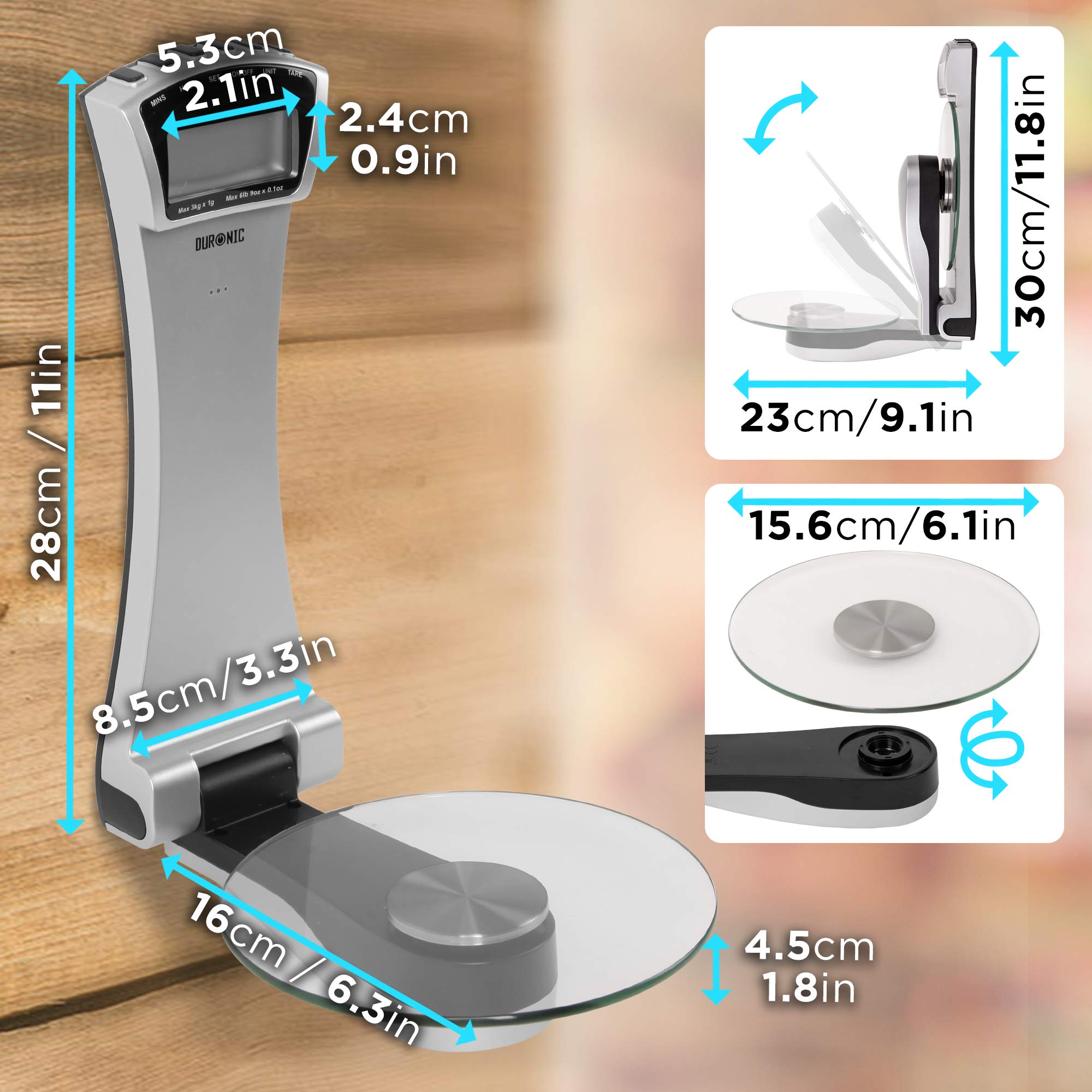 Duronic KS4000 Küchenwaage | Digitale Wandküchenwaage bis 3 kg | Mit Uhrzeit und Timer | Waage zur Wandmontage mit klappbarer Fläche | Stylisches Design mit großem Display | Platzsparende Wandwaage