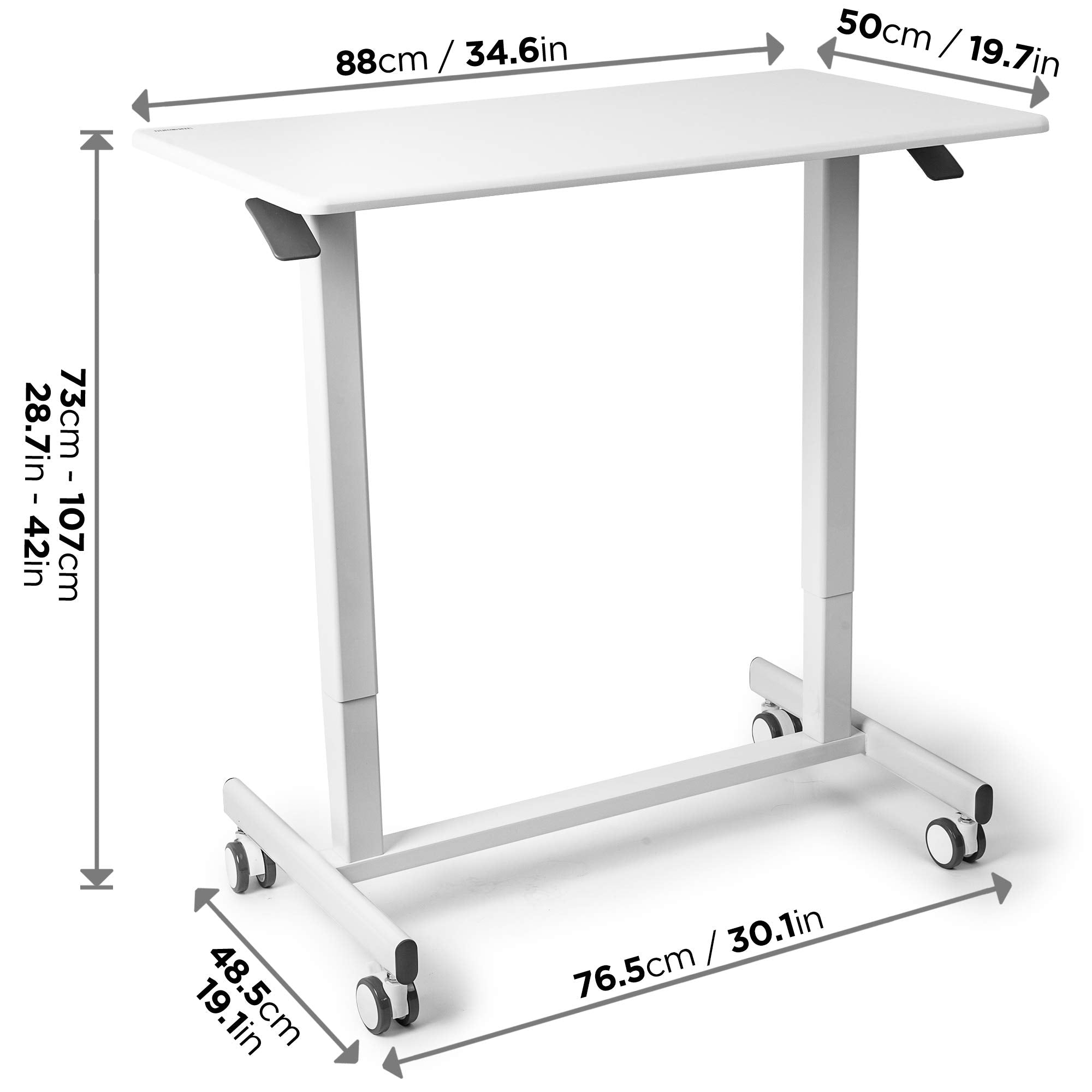 Duronic TM03T Schreibtisch | Tisch 88 x 50 cm | Manuell höhenverstellbar bis 107 cm | 15 kg Belastbarkeit | Pneumatische Bedienung stufenlos | Tischbein mit Rollen | Computertisch Home Office