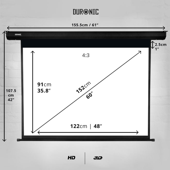 Duronic EPS60 Leinwand | 60 Zoll Rollo mit 122 x 91 cm | 4:3 Heimkino mit 4K Full HD 3D | Projektionsleinwand für Decken- und Wandmontage | Gain 1.0 | Beamerleinwand mit Motor für Fernbedienung