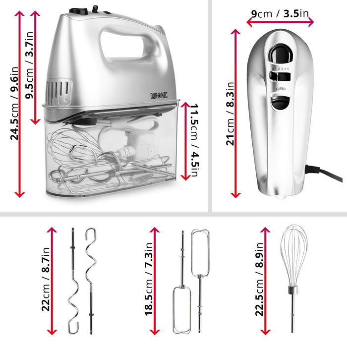 Duronic HM4 Handmixer / Mixer / Handrührgerät mit Turbofunktion, Edelstahl Rührbesen, Knethaken und Schneebesen und Aufbewahrungsbox, 400W—