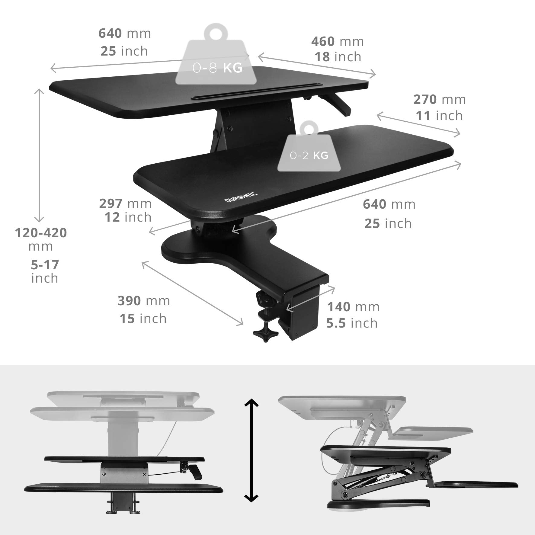 Duronic DM05D13 Computertisch | Workstation 64 x 46 cm mit Tastaturablage | Schreibtischaufsatz höhenverstellbar 12 bis 42 cm | Stehpult zum festklemmen an Tischkante | Sitz-Steh Schreibtisch bis 8 kg