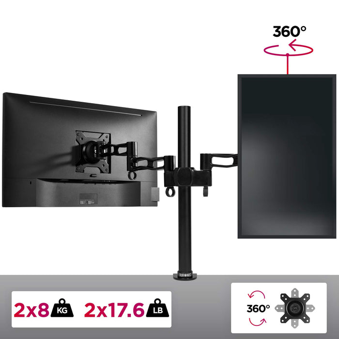 Duronic DM352 BK Monitorhalterung - Monitorständer für 2 Monitore bis 27 Zoll - VESA 75/100 - Drehbar um 360° - Neigbar (-) 15° - Schwenkbar um 180° - Belasbarkeit 8 kg - Aluminium - Monitorarme