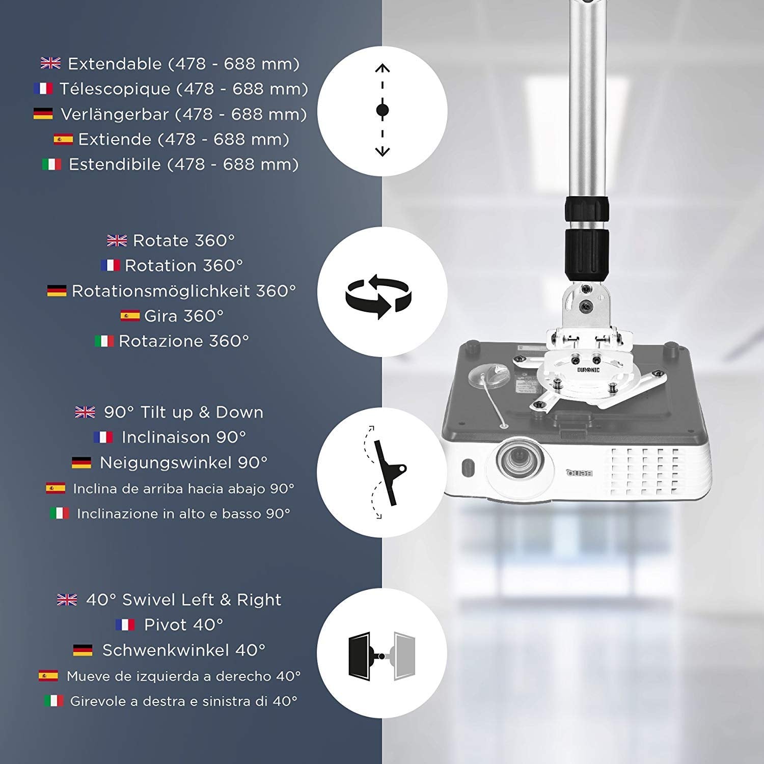 Duronic PB06XL Beamer Halterung | Projektor Deckenhalterung | Universal Wandhalterung | Halterung für Video-Projektor | drehbar und schwenkbar | Heimkino | Traglast bis zu 13,6 kg | 360° Rotation